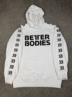 Better Bodies Hoodie Mens M White Pullover Fleece Hooded Graphic Logo Print